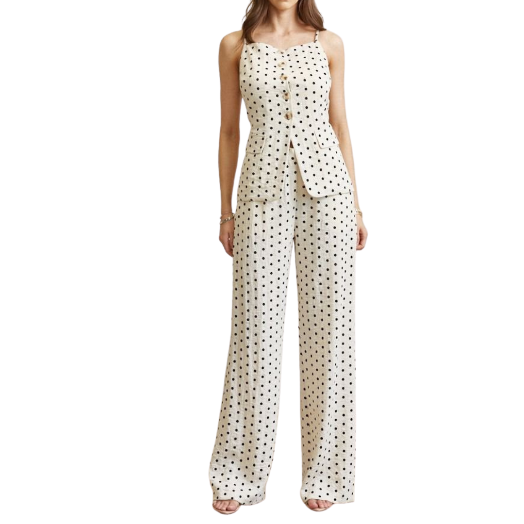 SET BLUSA Y PANTALON POLKA DOTS BEIGE Y NEGRO