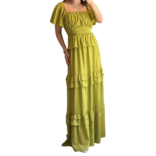 VESTIDO LARGO CON OLANES VERDE