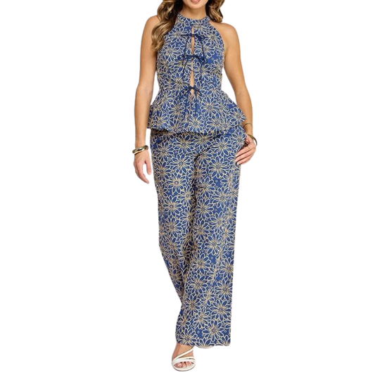 SET BLUSA Y PANTALON FLORES AZUL CON BEIGE