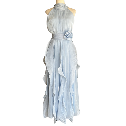 VESTIDO LARGO CELESTE CON OLANES HALTER