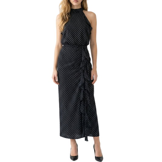 SET BLUSA Y FALDA CON OLANES POLKA DOTS NEGRO CON BEIGE