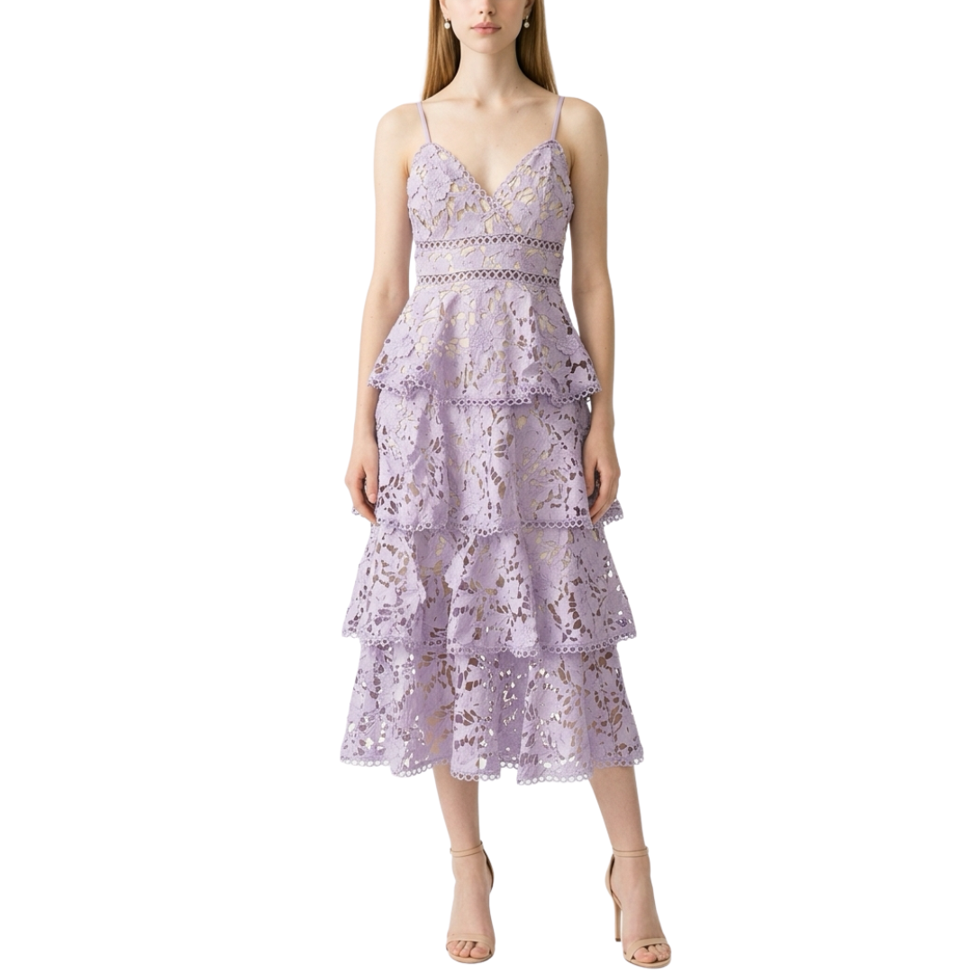 VESTIDO MIDI ENCAJE CON OLANES LINA