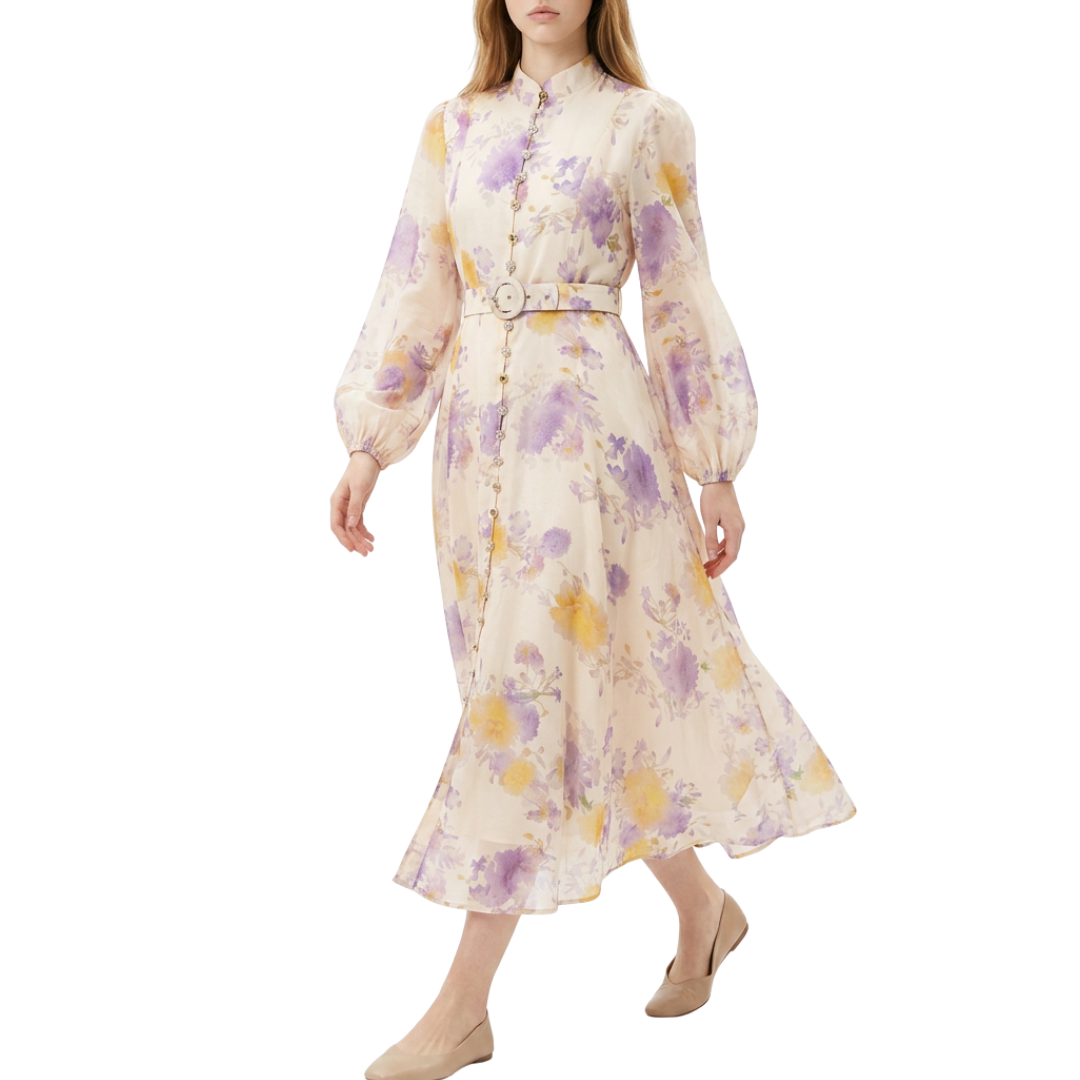 VESTIDO MIDI MANGA LARGA ESTAMPADO BEIGE CON LILA