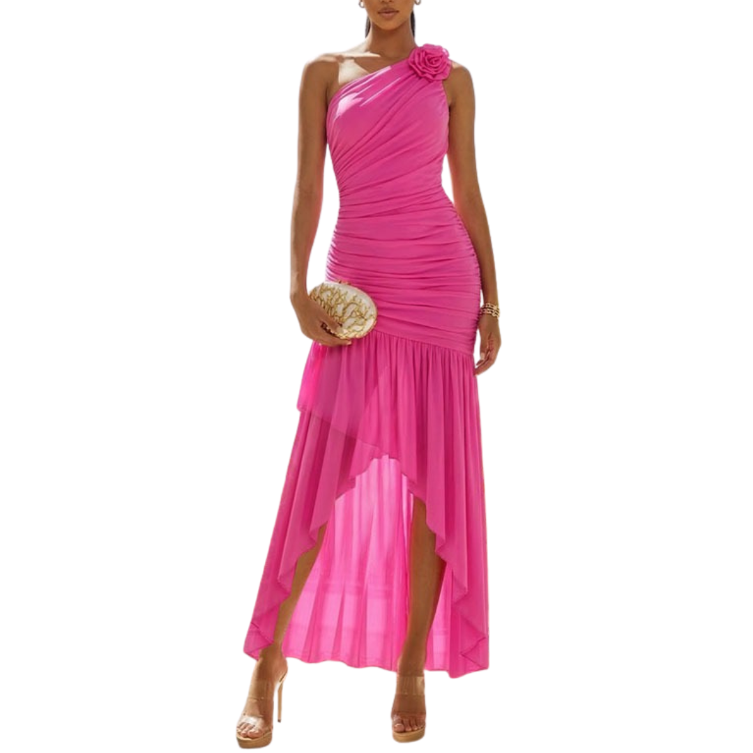 VESTIDO LARGO FUISHA MESH UN HOMBRO CON OLANES