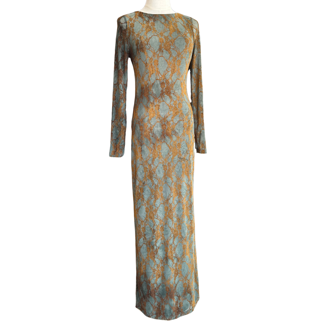 VESTIDO LARGO SIN ESPALDA VERDE CON CAFE DE MESH Y TERCIOPELO