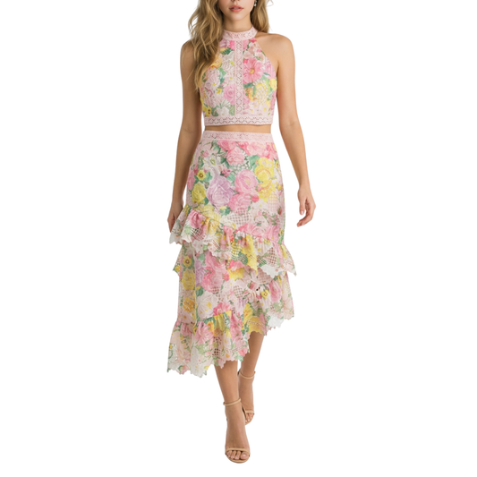 SET BLUSA Y FALDA TONOS ROSAS CON FLORES