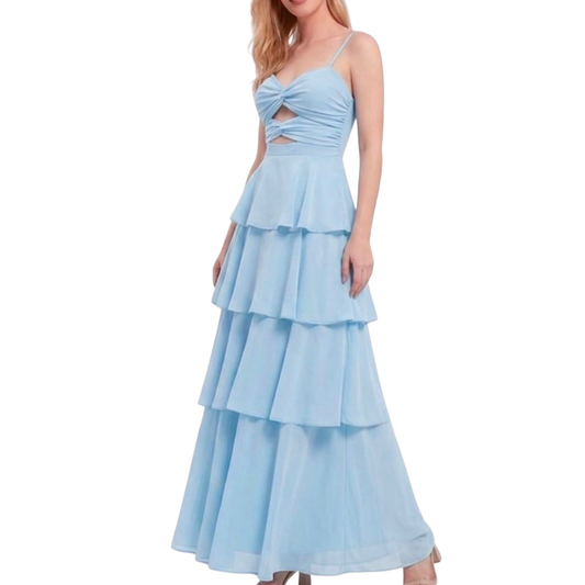 VESTIDO LARGO CELESTE CON OLANES