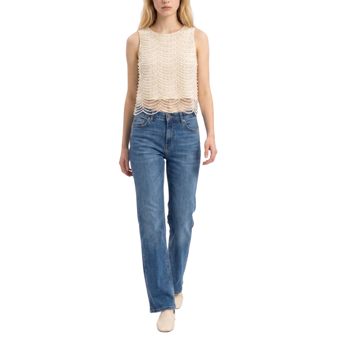 BLUSA BEIGE DE ENCAJE CON PERLAS