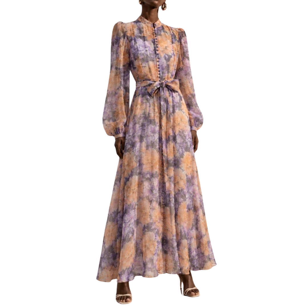 VESTIDO MIDI MORADO CON NARANJA DE MANGA LARGA