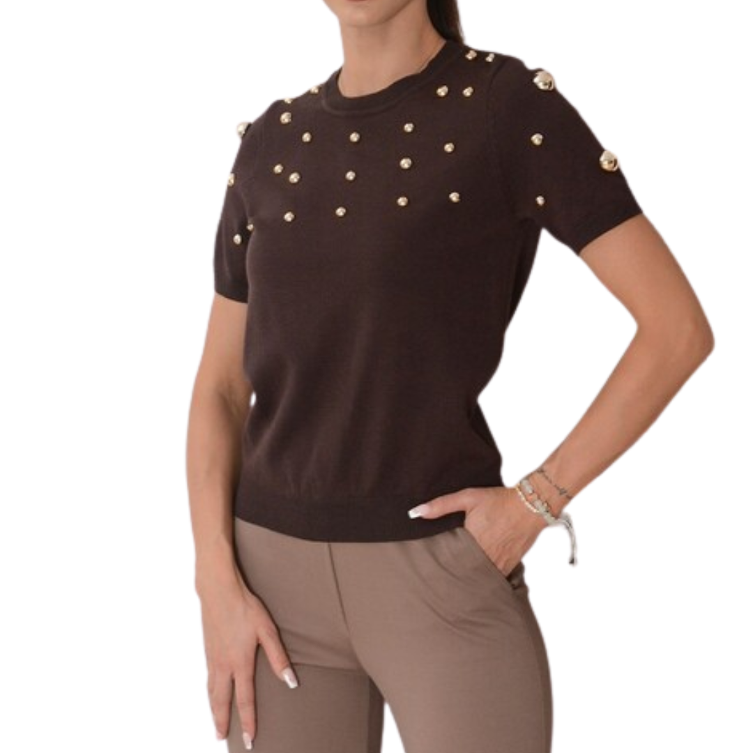 BLUSA CAFÉ CON PERLAS DORADAS