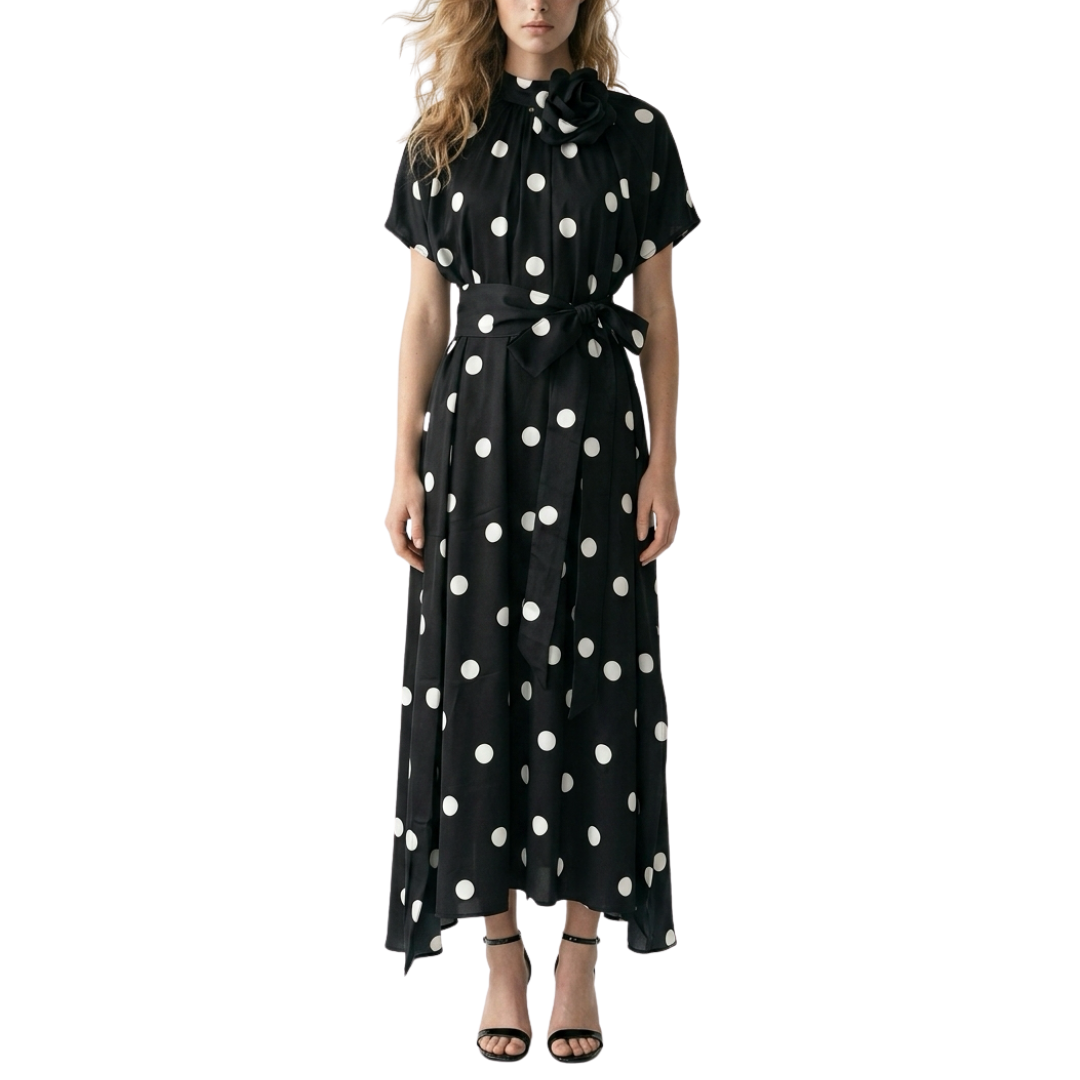 VESTIDO MIDI POLKA DOTS NEGRO CON BLANCO