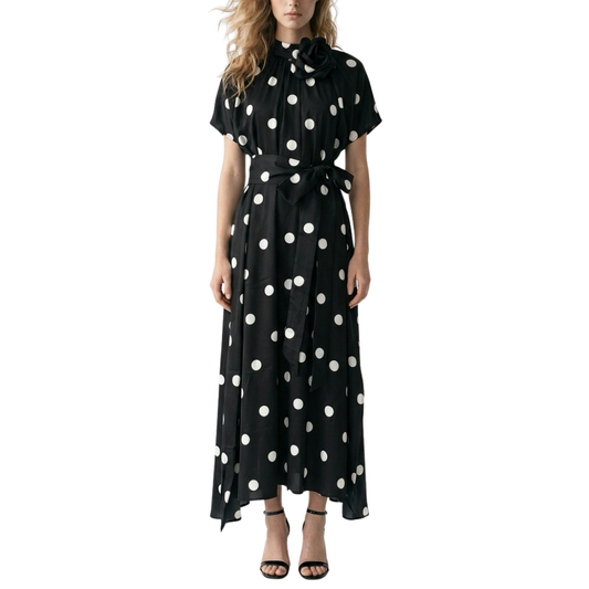 VESTIDO MIDI POLKA DOTS NEGRO CON BLANCO