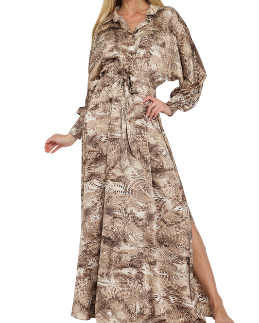 VESTIDO LARGO MANGA LARGA ESTAMPADO TONOS CAFÉS