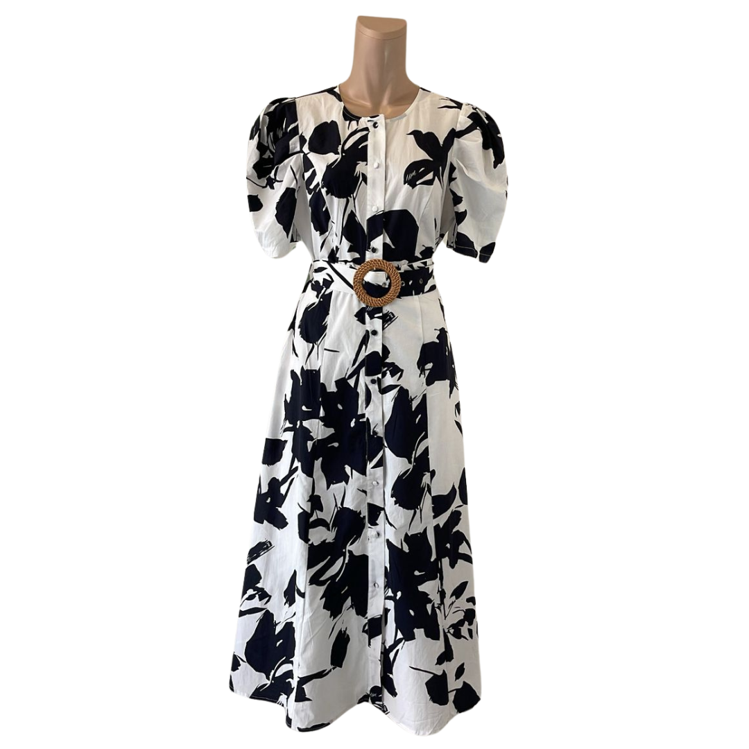 VESTIDO MIDI BLANCO CON NEGRO CON MANGAS Y CINTO