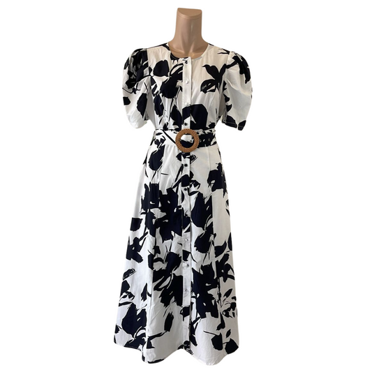 VESTIDO MIDI BLANCO CON NEGRO CON MANGAS Y CINTO