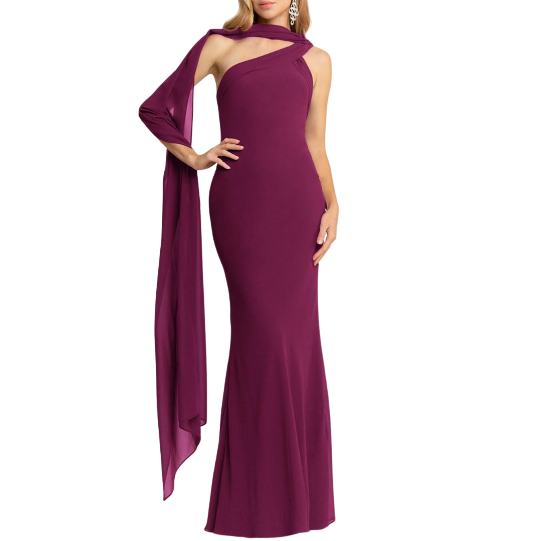 VESTIDO LARGO UN HOMBRO CON ESTOLA UVA