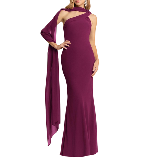 VESTIDO LARGO UN HOMBRO CON ESTOLA UVA