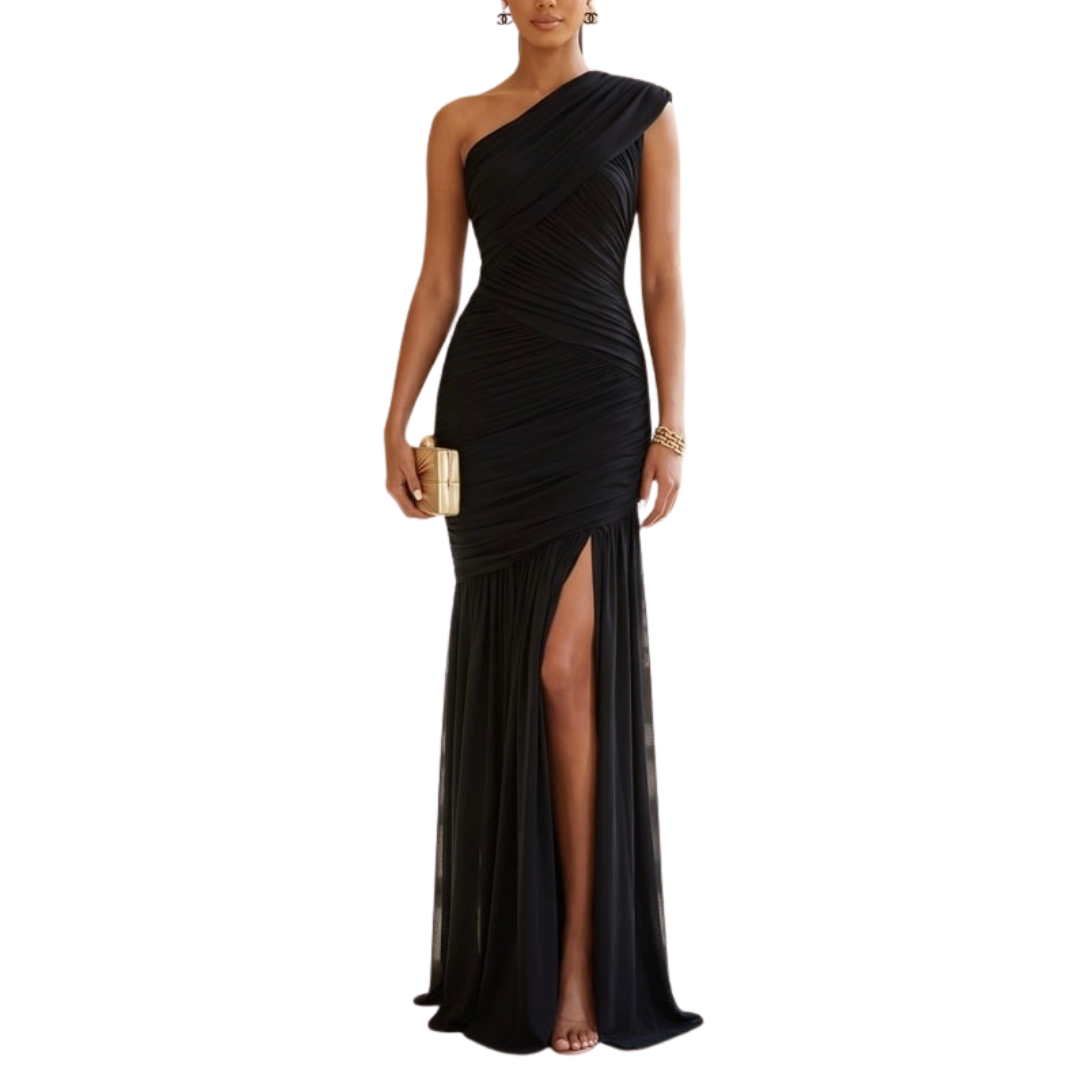 VESTIDO LARGO MESH UN HOMBRO NEGRO