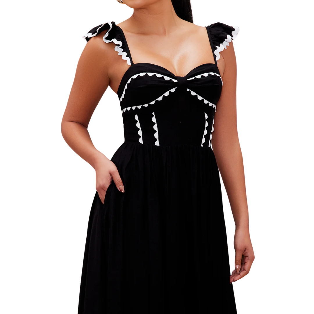 VESTIDO MIDI NEGRO CON BLANCO
