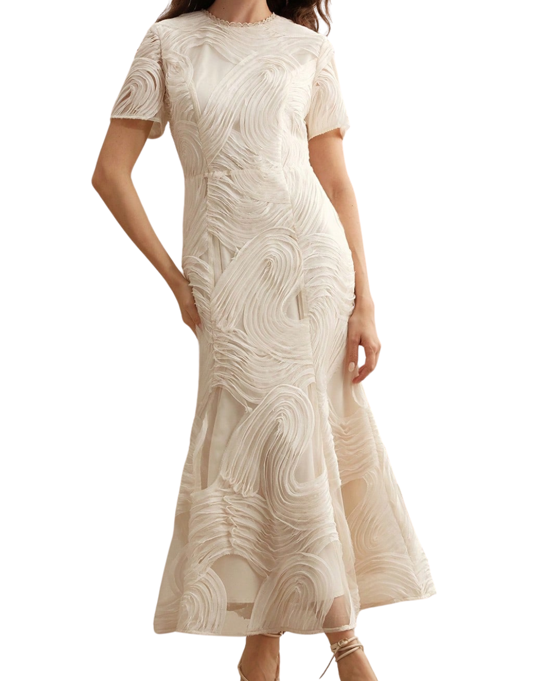 VESTIDO MIDI CON FLORES BEIGE