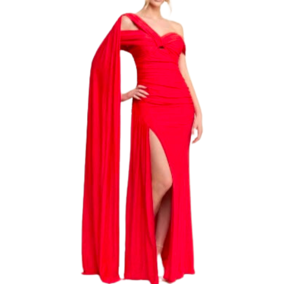 VESTIDO LARGO ROJO CON ESTOLA EN HOMBRO