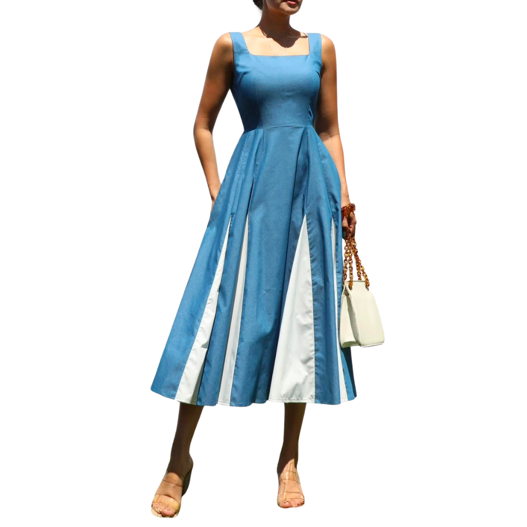 VESTIDO MIDI AZUL CON BLANCO
