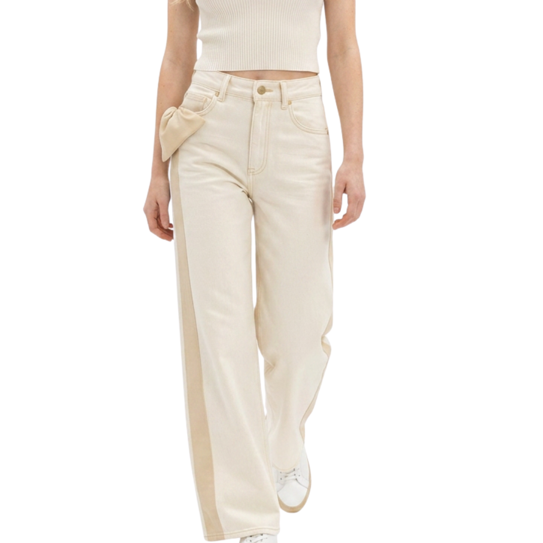 PANTALON DENIM BEIGE CON MOÑO DE LADO