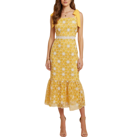 VESTIDO MIDI AMARILLO CON BLANCO