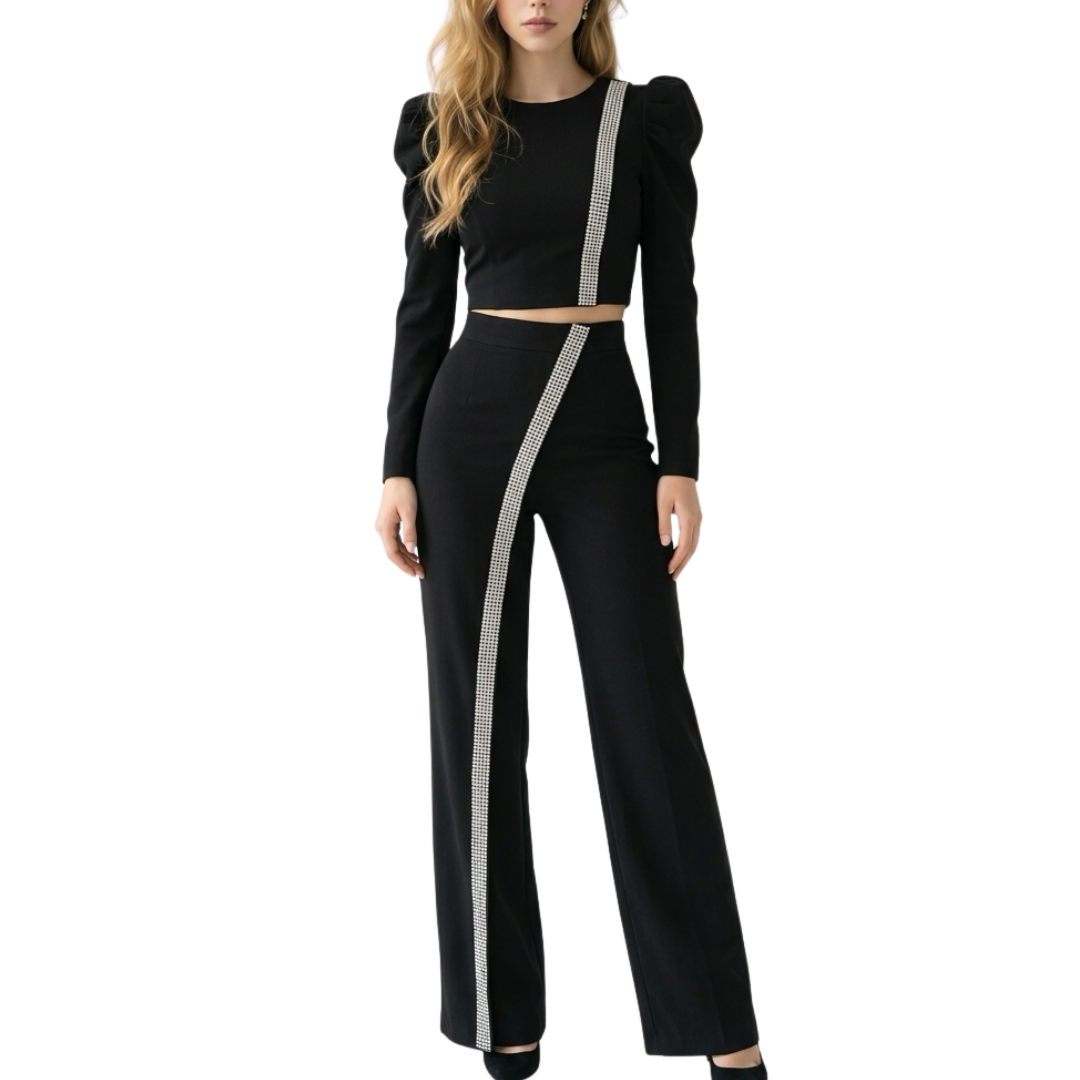 SET PANTALON Y TOP MANGA LARGA NEGRO CON PEDRERIA