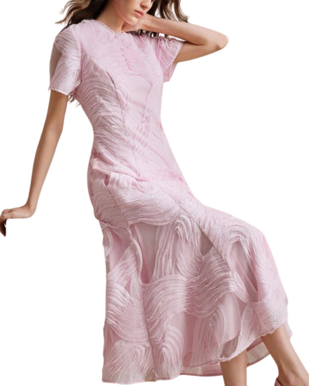 VESTIDO MIDI CON FLORES ROSA PASTEL