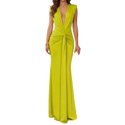 VESTIDO LARGO VERDE CON CRUCE EN FRENTE