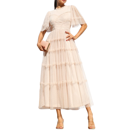 VESTIDO MIDI ROSA PALO DE TULL