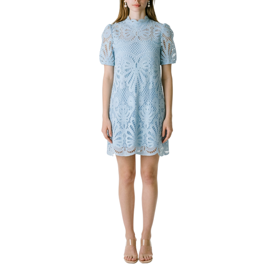 VESTIDO CORTO ENCAJE CELESTE