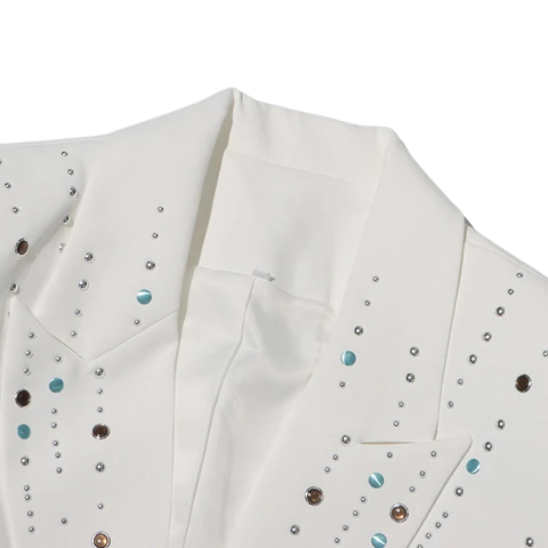 BLAZER BLANCO BRILLOS  AZUL Y CAFÉ