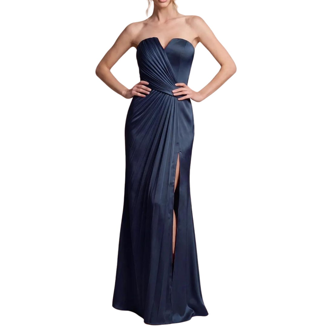 VESTIDO LARGO SATIN AZUL MARINO STRAPLESS