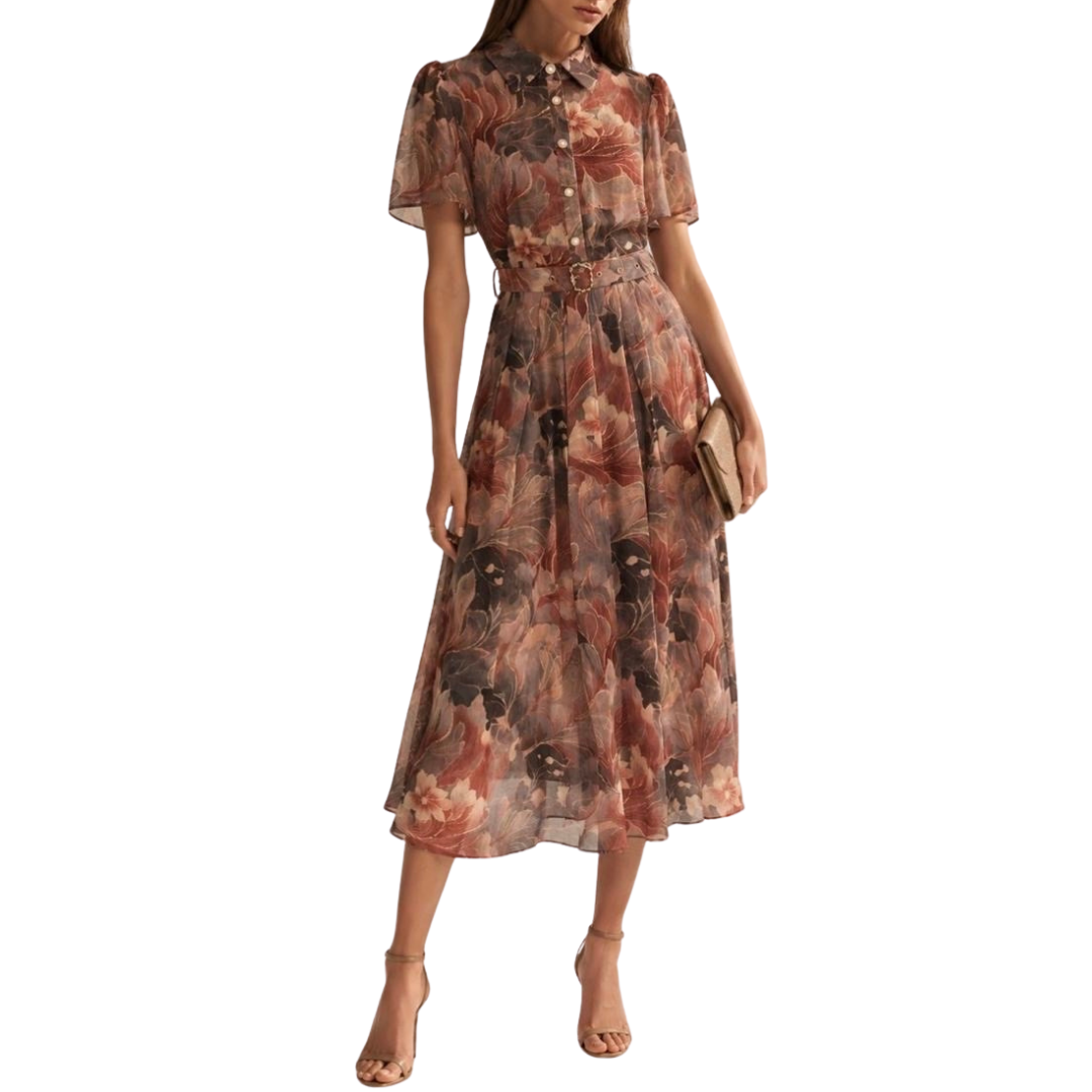 VESTIDO MIDI TONOS CAFES ESTAMPADO FLORES
