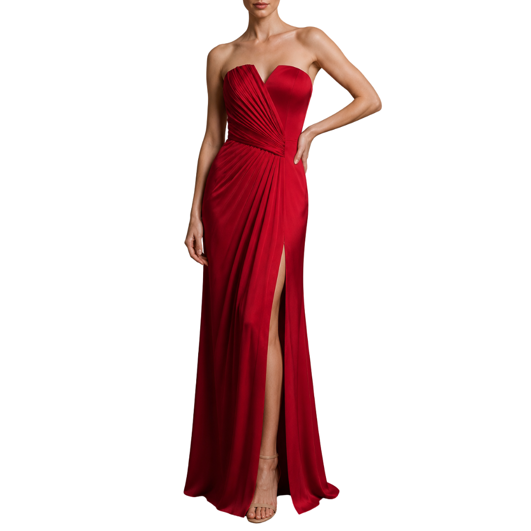 VESTIDO LARGO SATIN ROJO STRAPLESS