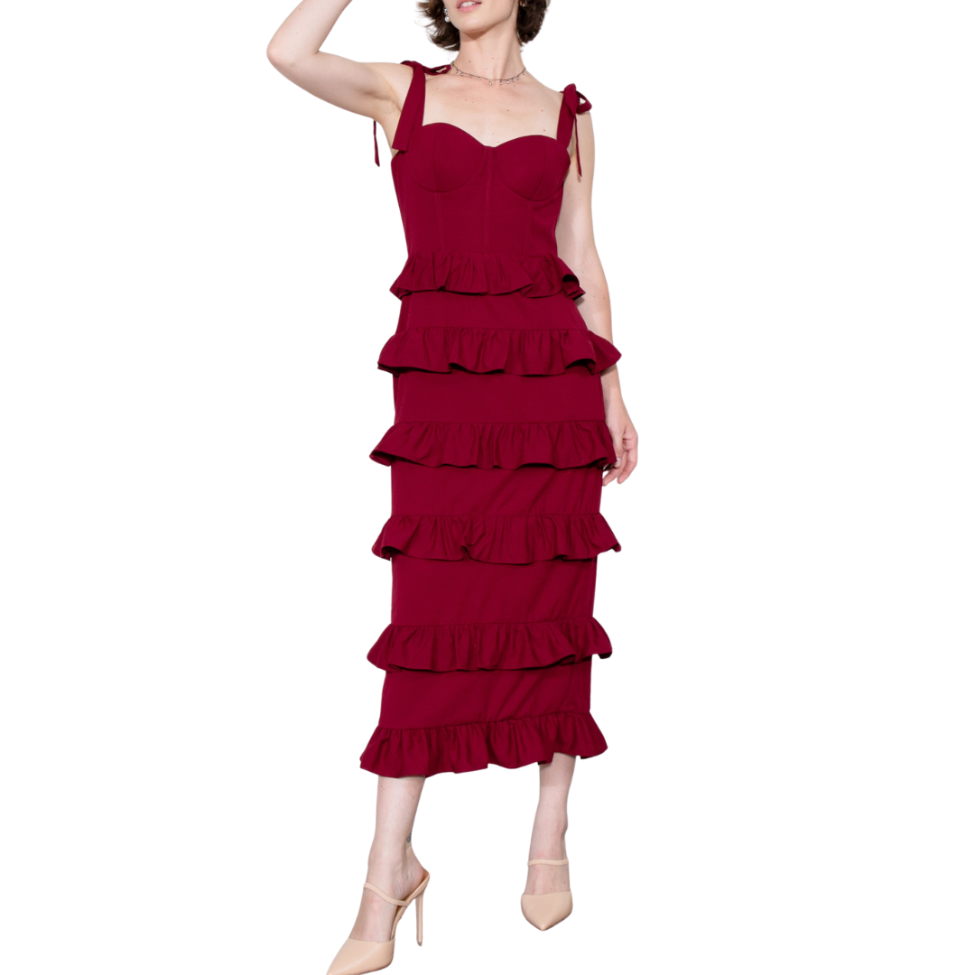VESTIDO MIDI CON OLANES ROJO VINO