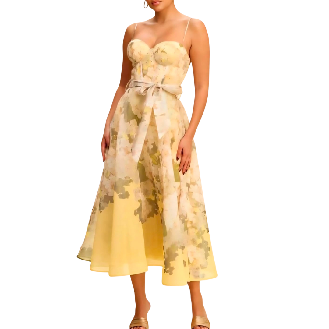 VESTIDO MIDI FLOREADO AMARILLO CON NARANJA