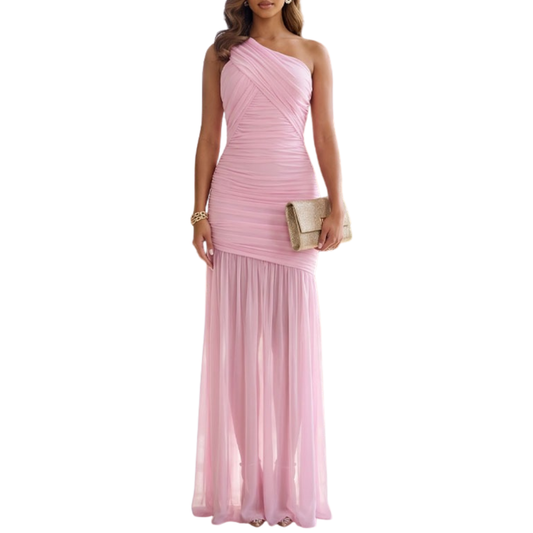 VESTIDO LARGO MESH UN HOMBRO ROSA PASTEL