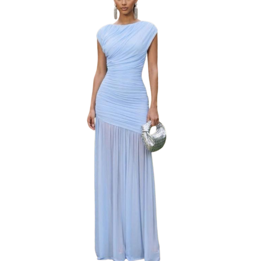 VESTIDO LARGO CELESTE MESH CON MANGA CELESTE