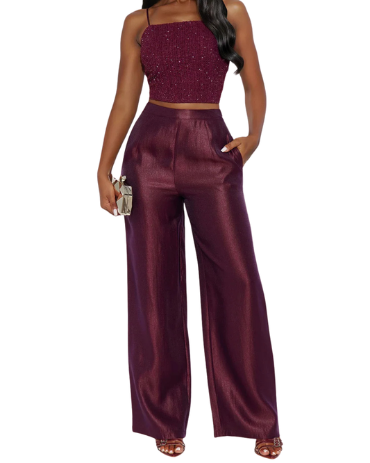 SET PANTALÓN Y TOP TWEED VINO