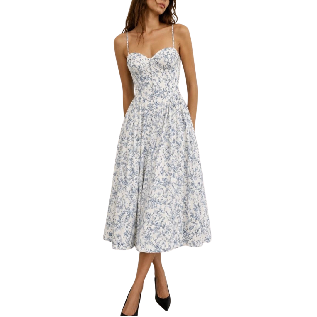 VESTIDO MIDI BLANCO CON FLORES CELESTES
