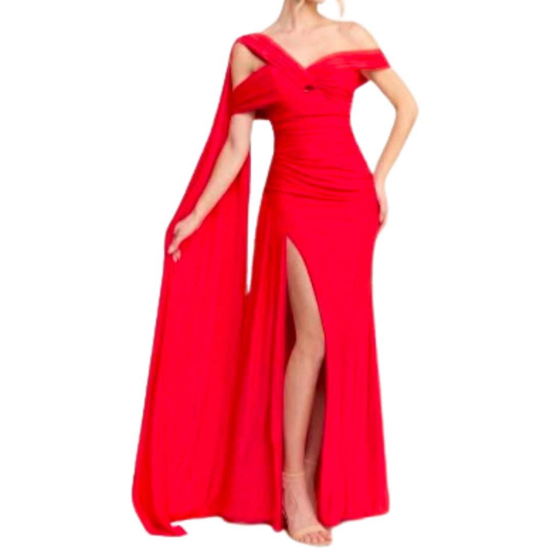 VESTIDO LARGO ROJO CON ESTOLA EN HOMBRO