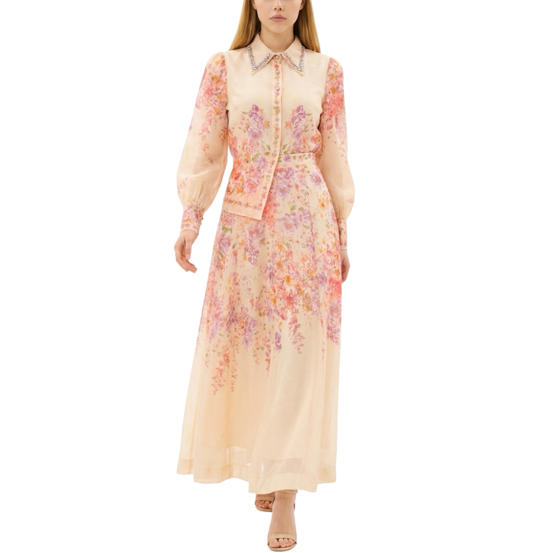 SET BLUSA Y FALDA ESTAMPADO FLORES TONOS ROSA