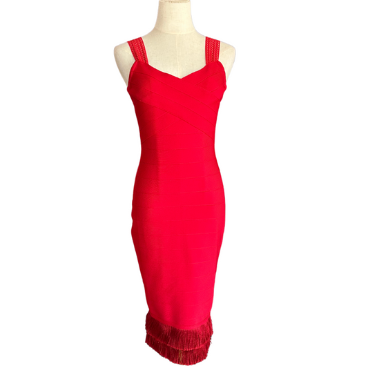 VESTIDO MIDI ROJO CON FLECOS