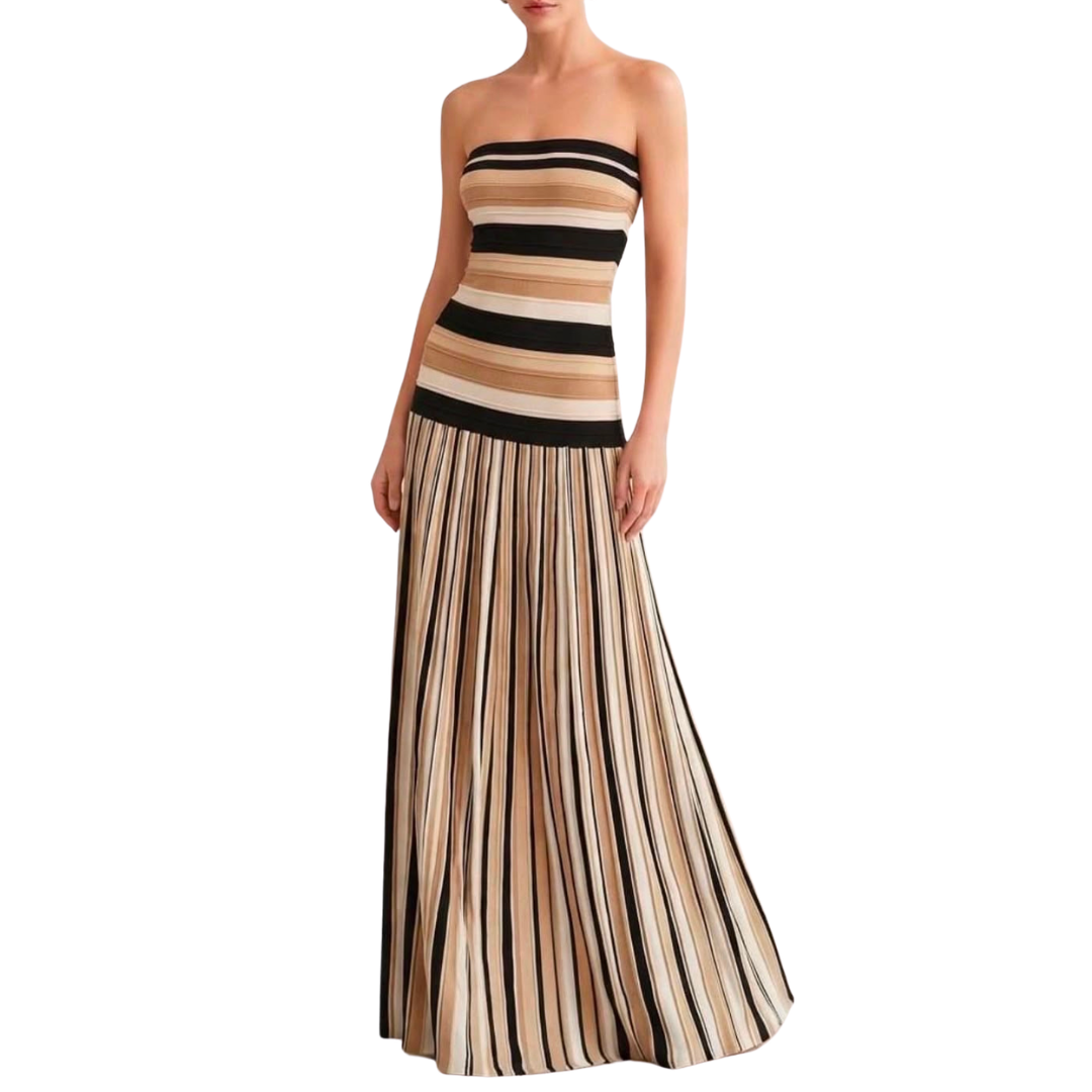 VESTIDO LARGO STRAPLESS DE RAYAS NEGRAS CON BEIGE