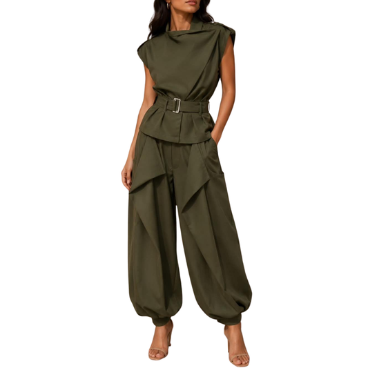 SET VERDE BLUSA Y PANTALÓN CON CINTO