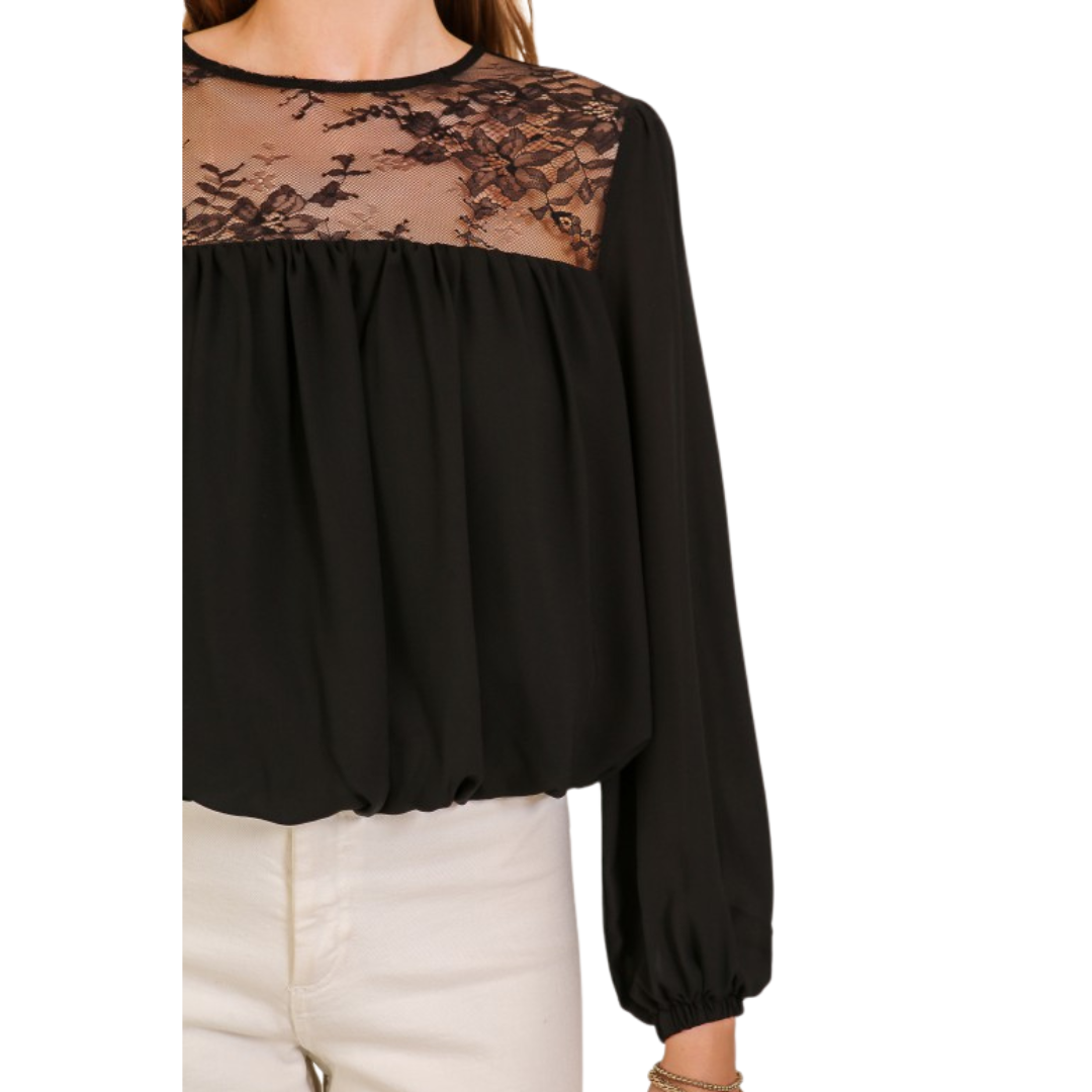 BLUSA MANGA LARGA CON ENCAJE NEGRO