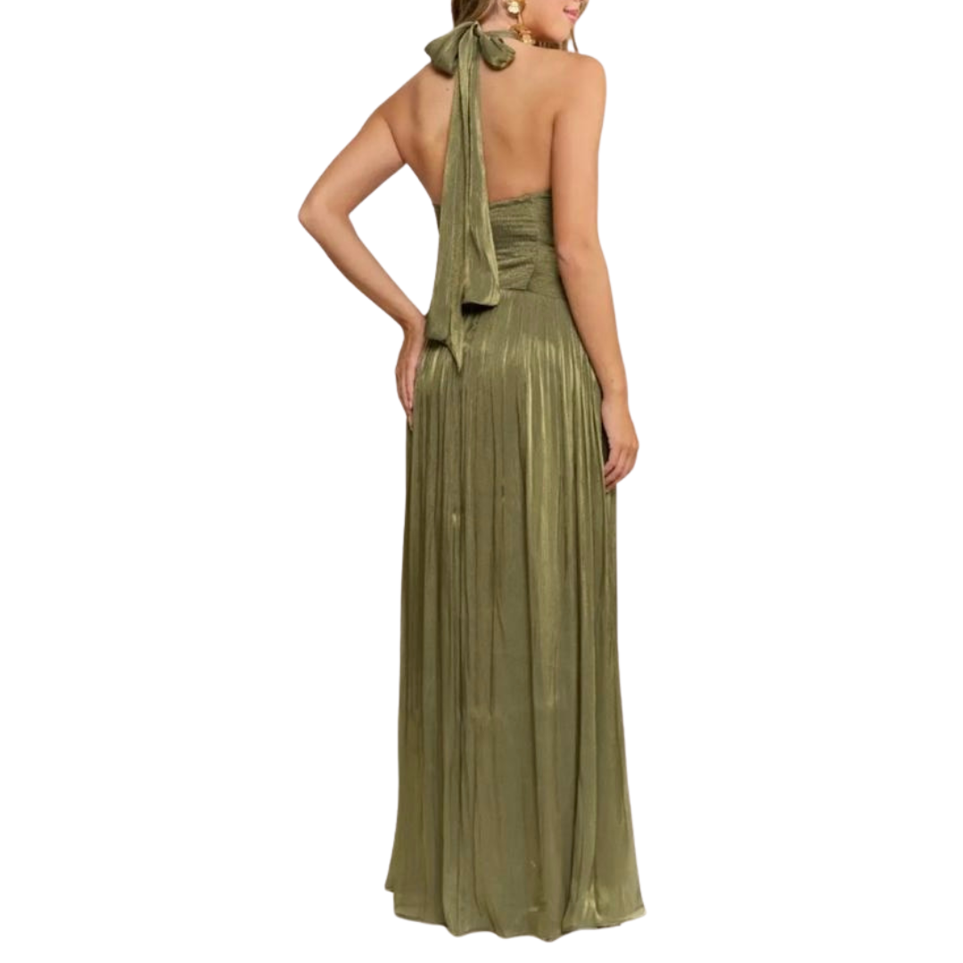 VESTIDO LARGO DRAPEADO VERDE OLIVA